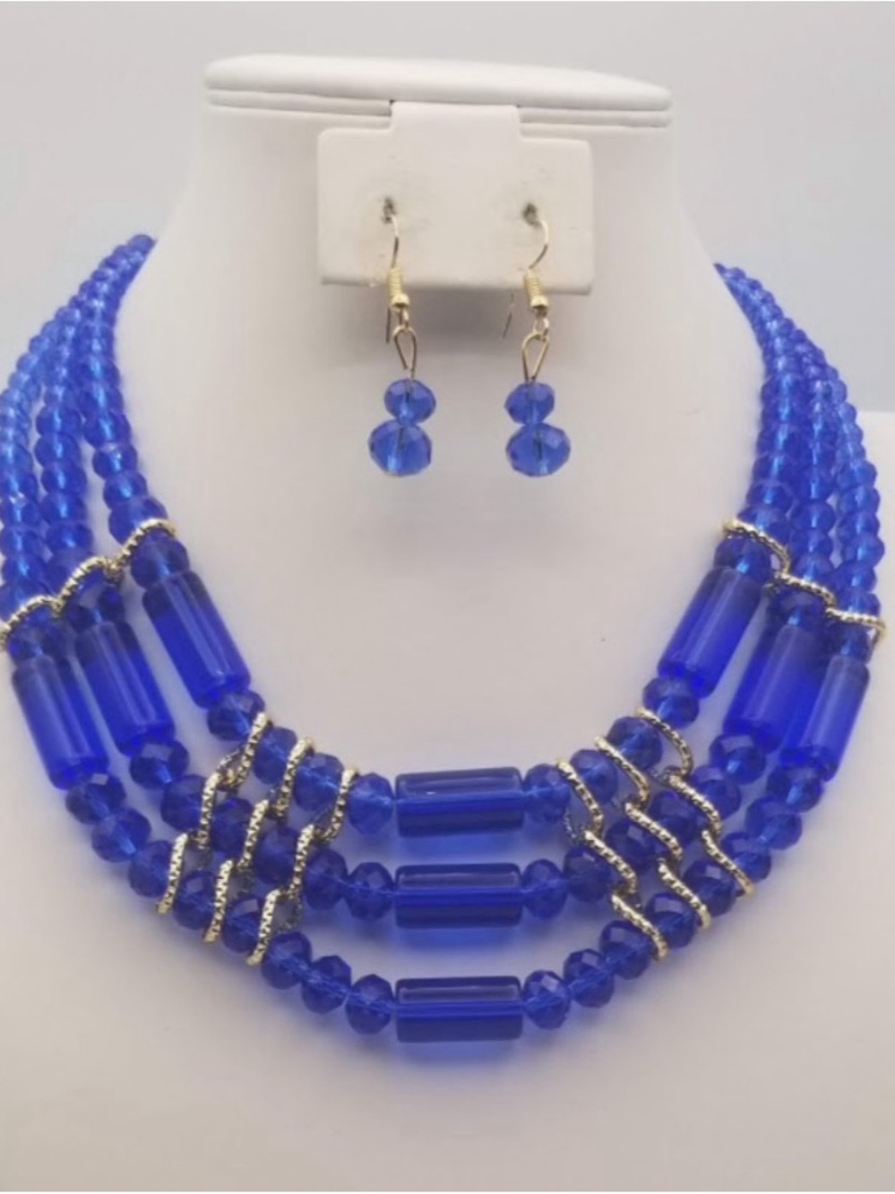 Cobalt Blue Multi-Strand Beaded Necklace & Earrings Set